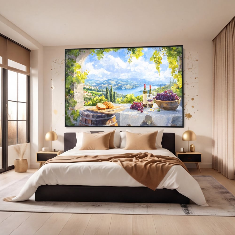 Tablou Canvas Premium, LuxCanva® N1110, Rasfat pe Coline, Struguri, Vin, Fructe, Bautura, Pahar, Sticle, Rustic, Peisaj, Priveliste, Natural, Traditional, Pub, Bar, Lounge, Restaurant, Bucatarie