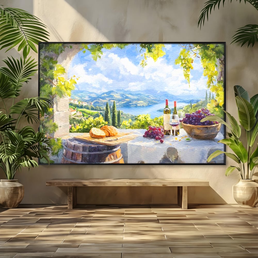 Tablou Canvas Premium, LuxCanva® N1110, Rasfat pe Coline, Struguri, Vin, Fructe, Bautura, Pahar, Sticle, Rustic, Peisaj, Priveliste, Natural, Traditional, Pub, Bar, Lounge, Restaurant, Bucatarie