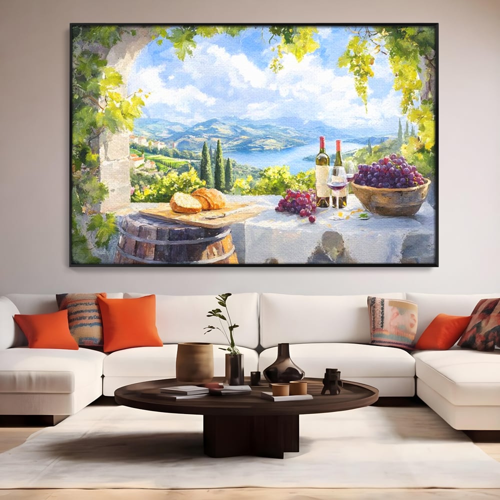 Tablou Canvas Premium, LuxCanva® N1110, Rasfat pe Coline, Struguri, Vin, Fructe, Bautura, Pahar, Sticle, Rustic, Peisaj, Priveliste, Natural, Traditional, Pub, Bar, Lounge, Restaurant, Bucatarie