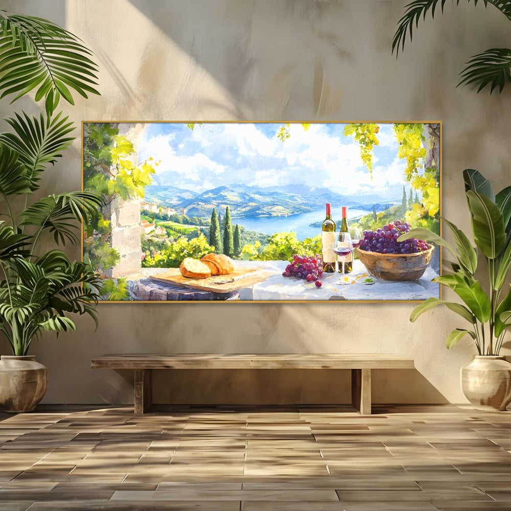 Tablou Canvas Premium, LuxCanva® N1110, Rasfat pe Coline, Struguri, Vin, Fructe, Bautura, Pahar, Sticle, Rustic, Peisaj, Priveliste, Natural, Traditional, Pub, Bar, Lounge, Restaurant, Bucatarie