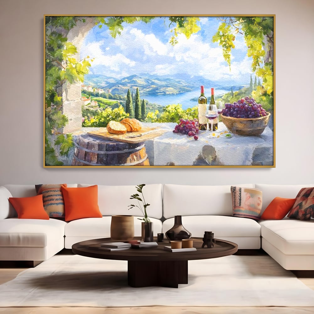 Tablou Canvas Premium, LuxCanva® N1110, Rasfat pe Coline, Struguri, Vin, Fructe, Bautura, Pahar, Sticle, Rustic, Peisaj, Priveliste, Natural, Traditional, Pub, Bar, Lounge, Restaurant, Bucatarie