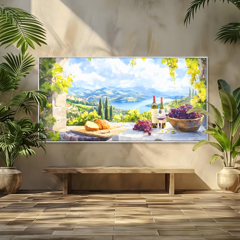 Tablou Canvas Premium, LuxCanva® N1110, Rasfat pe Coline, Struguri, Vin, Fructe, Bautura, Pahar, Sticle, Rustic, Peisaj, Priveliste, Natural, Traditional, Pub, Bar, Lounge, Restaurant, Bucatarie