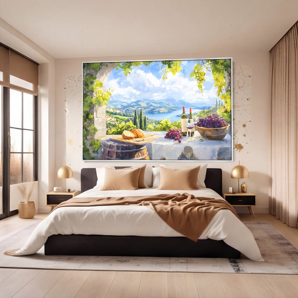 Tablou Canvas Premium, LuxCanva® N1110, Rasfat pe Coline, Struguri, Vin, Fructe, Bautura, Pahar, Sticle, Rustic, Peisaj, Priveliste, Natural, Traditional, Pub, Bar, Lounge, Restaurant, Bucatarie
