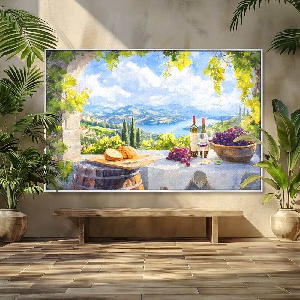 Tablou Canvas Premium, LuxCanva® N1110, Rasfat pe Coline, Struguri, Vin, Fructe, Bautura, Pahar, Sticle, Rustic, Peisaj, Priveliste, Natural, Traditional, Pub, Bar, Lounge, Restaurant, Bucatarie