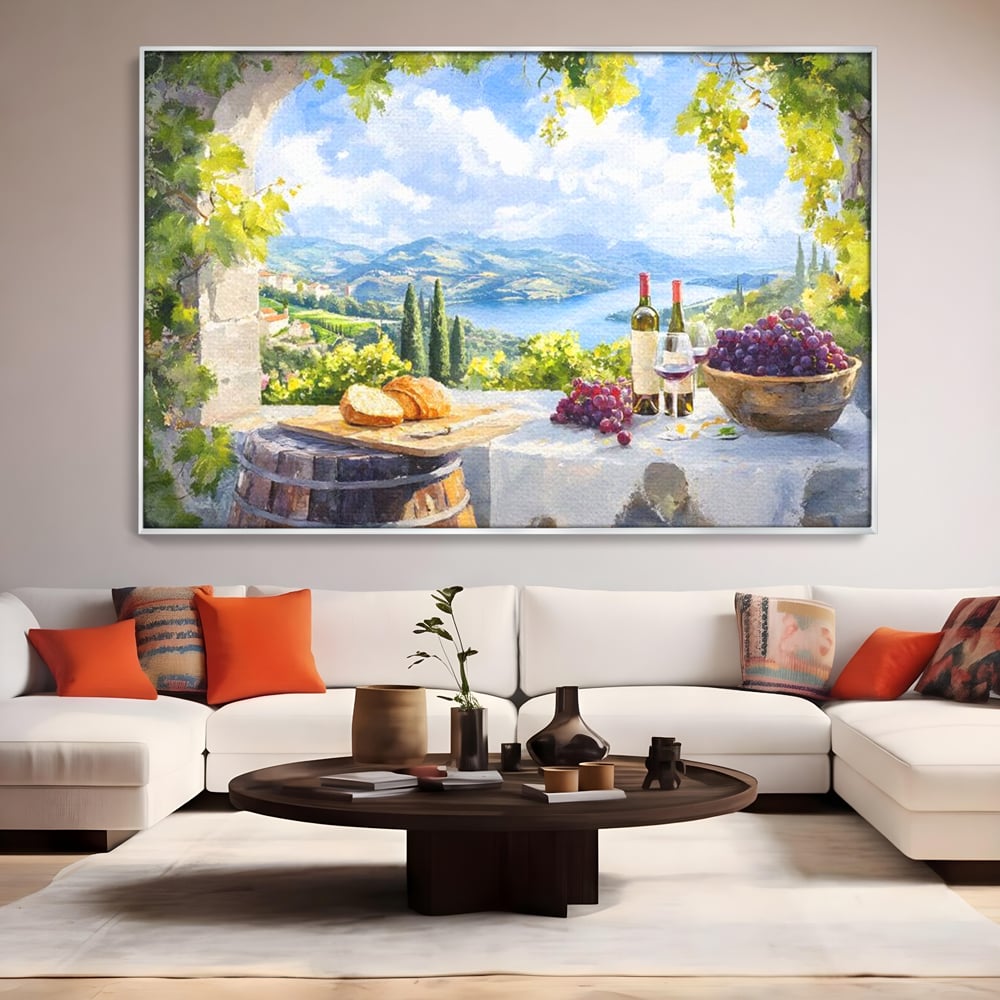 Tablou Canvas Premium, LuxCanva® N1110, Rasfat pe Coline, Struguri, Vin, Fructe, Bautura, Pahar, Sticle, Rustic, Peisaj, Priveliste, Natural, Traditional, Pub, Bar, Lounge, Restaurant, Bucatarie