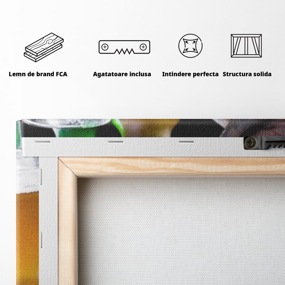 Tablou Canvas Premium, LuxCanva® N1111, Butoiul Berarului, Bere, Pahar, Halba, Sticle, Racoritor, Spuma, Butoi, Traditie, Taverna, Rustic, Bautura, Pub, Bar, Lounge, Restaurant, Bucatarie