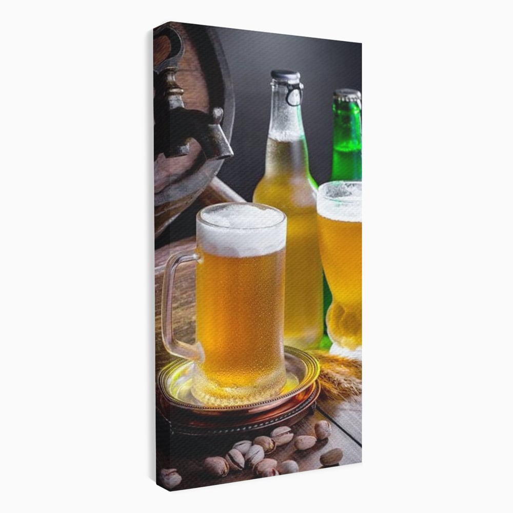 Tablou Canvas Premium, LuxCanva® N1111, Butoiul Berarului, Bere, Pahar, Halba, Sticle, Racoritor, Spuma, Butoi, Traditie, Taverna, Rustic, Bautura, Pub, Bar, Lounge, Restaurant, Bucatarie
