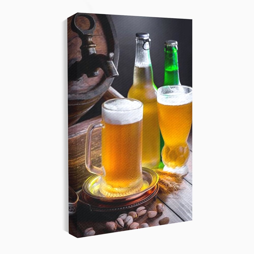 Tablou Canvas Premium, LuxCanva® N1111, Butoiul Berarului, Bere, Pahar, Halba, Sticle, Racoritor, Spuma, Butoi, Traditie, Taverna, Rustic, Bautura, Pub, Bar, Lounge, Restaurant, Bucatarie