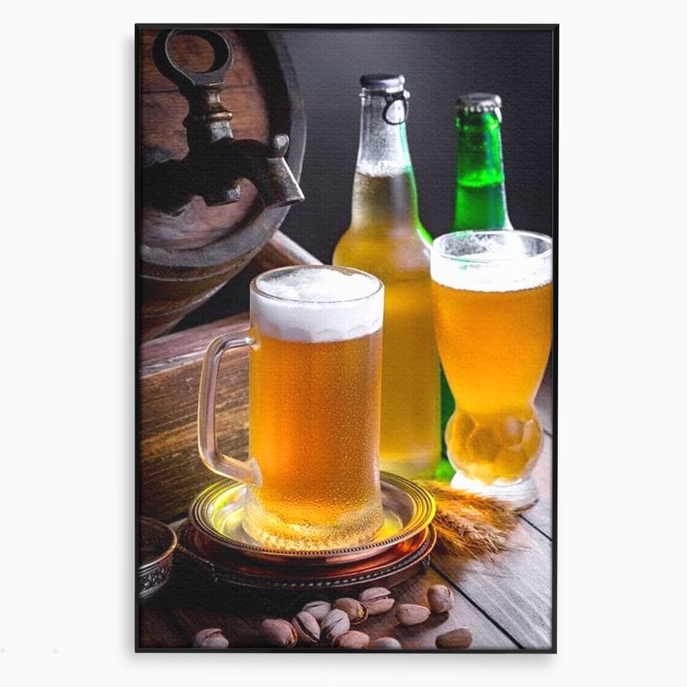 Tablou Canvas Premium, LuxCanva® N1111, Butoiul Berarului, Bere, Pahar, Halba, Sticle, Racoritor, Spuma, Butoi, Traditie, Taverna, Rustic, Bautura, Pub, Bar, Lounge, Restaurant, Bucatarie