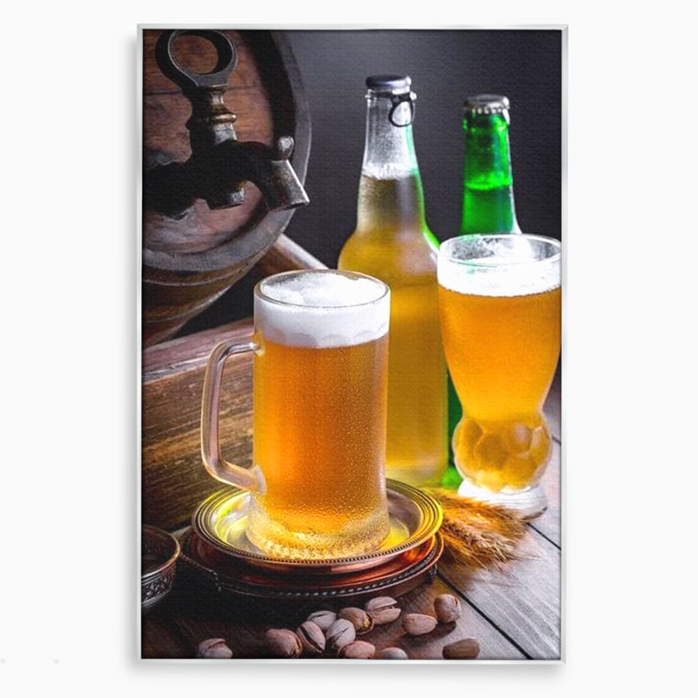 Tablou Canvas Premium, LuxCanva® N1111, Butoiul Berarului, Bere, Pahar, Halba, Sticle, Racoritor, Spuma, Butoi, Traditie, Taverna, Rustic, Bautura, Pub, Bar, Lounge, Restaurant, Bucatarie