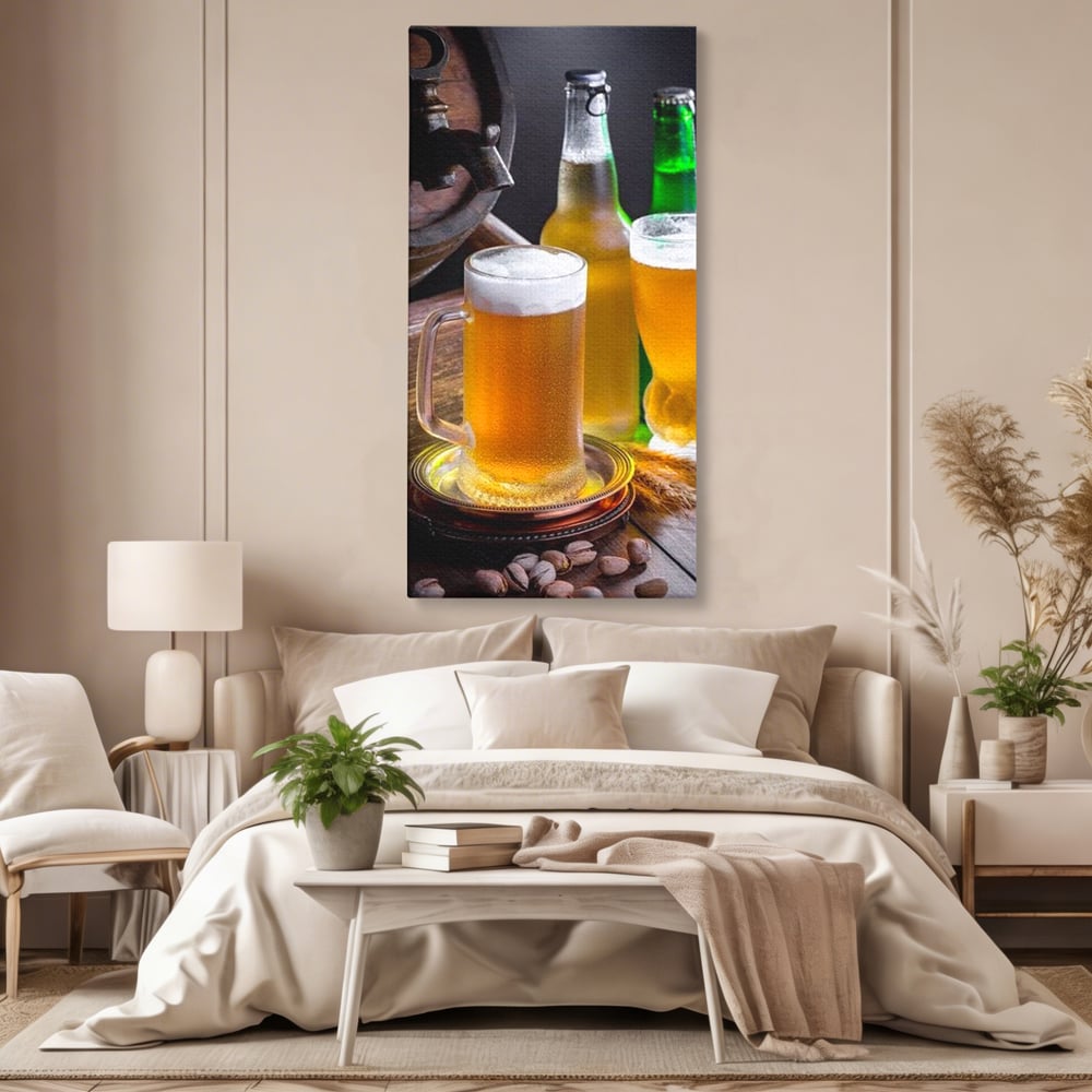 Tablou Canvas Premium, LuxCanva® N1111, Butoiul Berarului, Bere, Pahar, Halba, Sticle, Racoritor, Spuma, Butoi, Traditie, Taverna, Rustic, Bautura, Pub, Bar, Lounge, Restaurant, Bucatarie