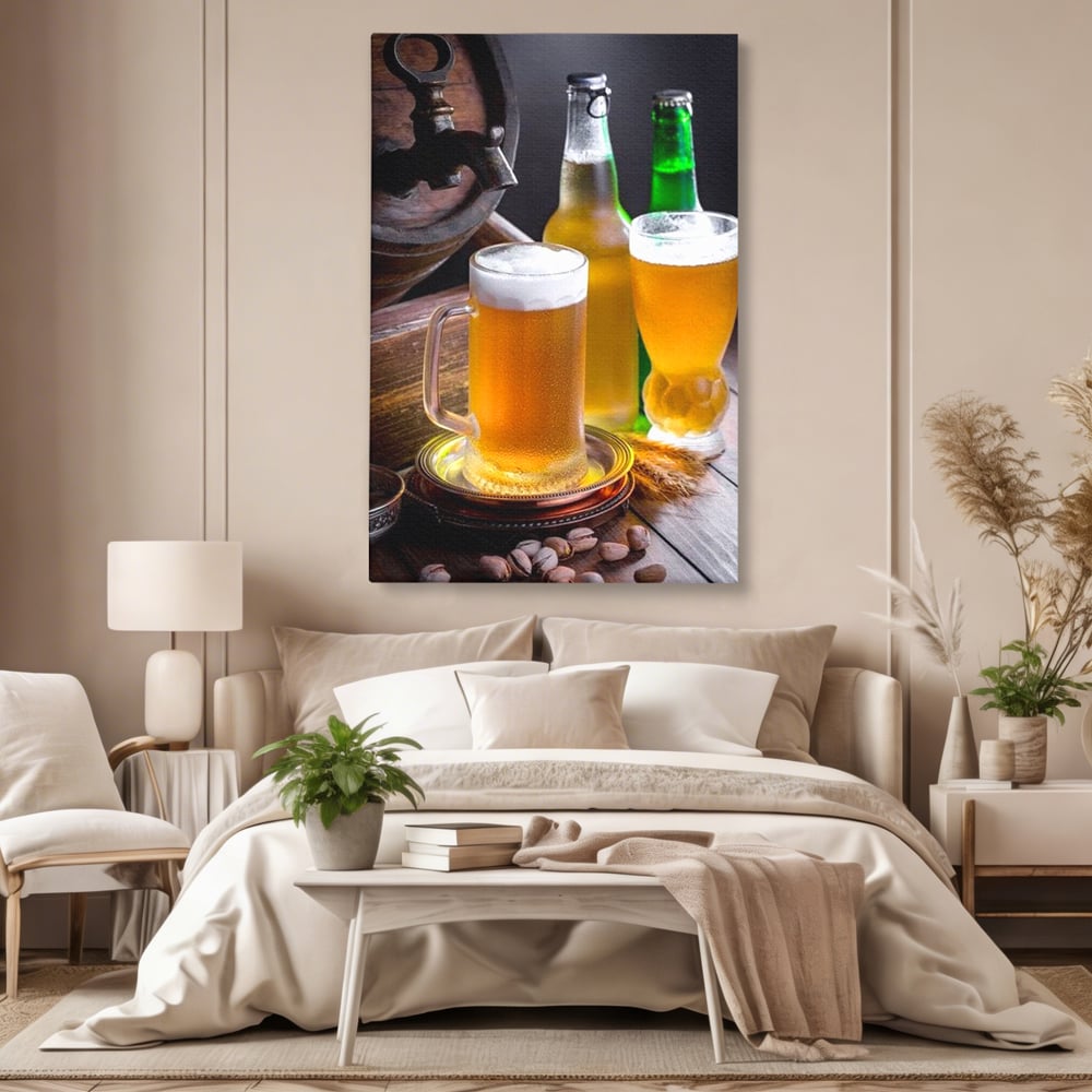 Tablou Canvas Premium, LuxCanva® N1111, Butoiul Berarului, Bere, Pahar, Halba, Sticle, Racoritor, Spuma, Butoi, Traditie, Taverna, Rustic, Bautura, Pub, Bar, Lounge, Restaurant, Bucatarie