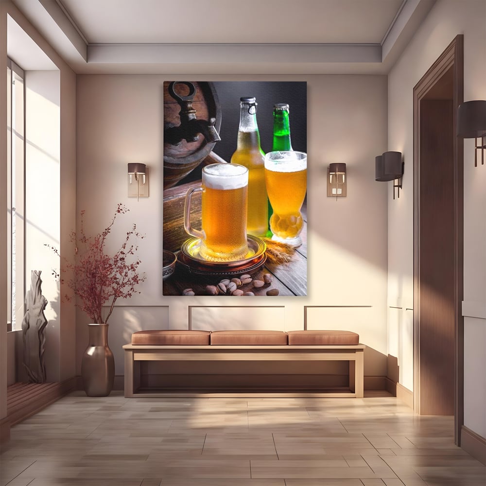 Tablou Canvas Premium, LuxCanva® N1111, Butoiul Berarului, Bere, Pahar, Halba, Sticle, Racoritor, Spuma, Butoi, Traditie, Taverna, Rustic, Bautura, Pub, Bar, Lounge, Restaurant, Bucatarie
