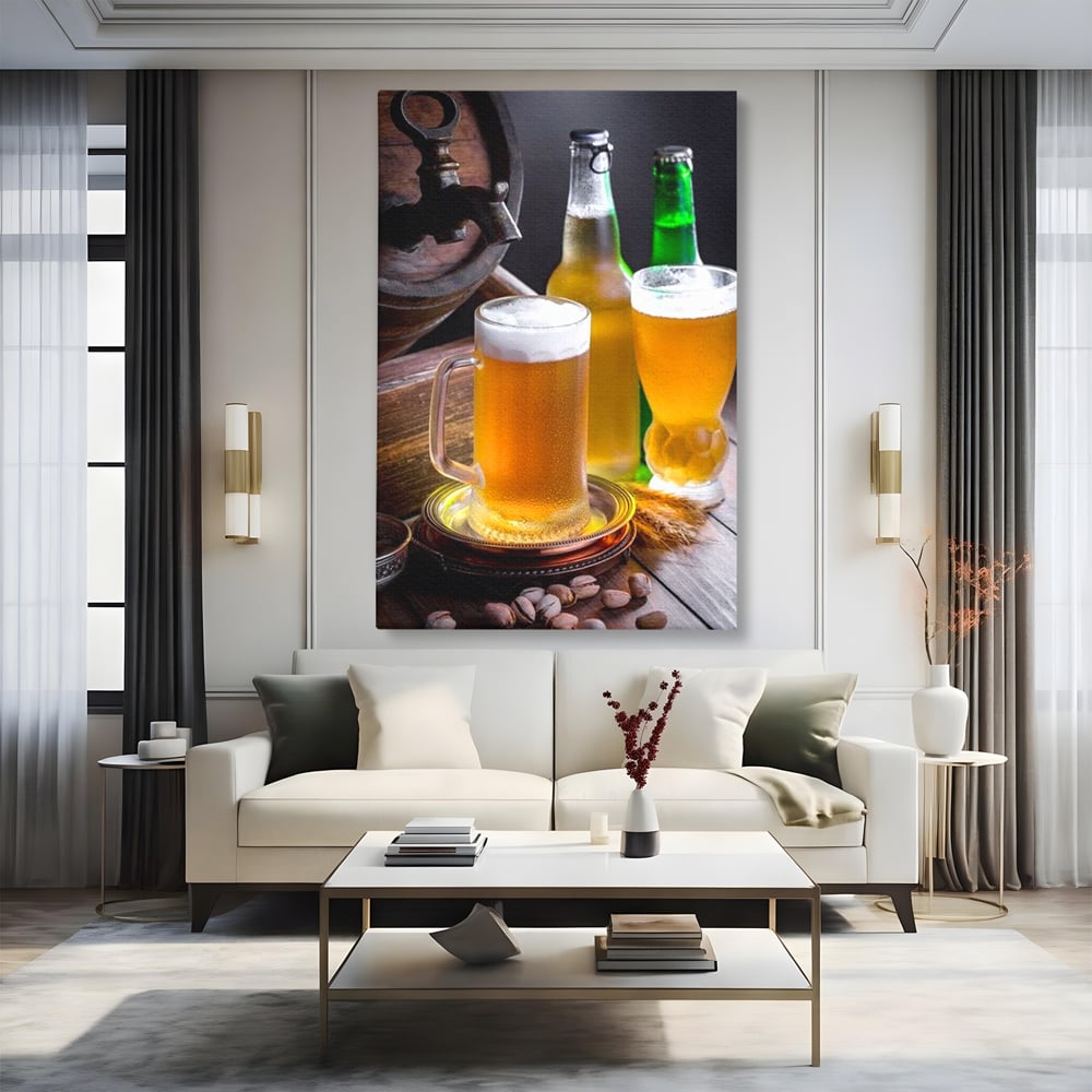 Tablou Canvas Premium, LuxCanva® N1111, Butoiul Berarului, Bere, Pahar, Halba, Sticle, Racoritor, Spuma, Butoi, Traditie, Taverna, Rustic, Bautura, Pub, Bar, Lounge, Restaurant, Bucatarie