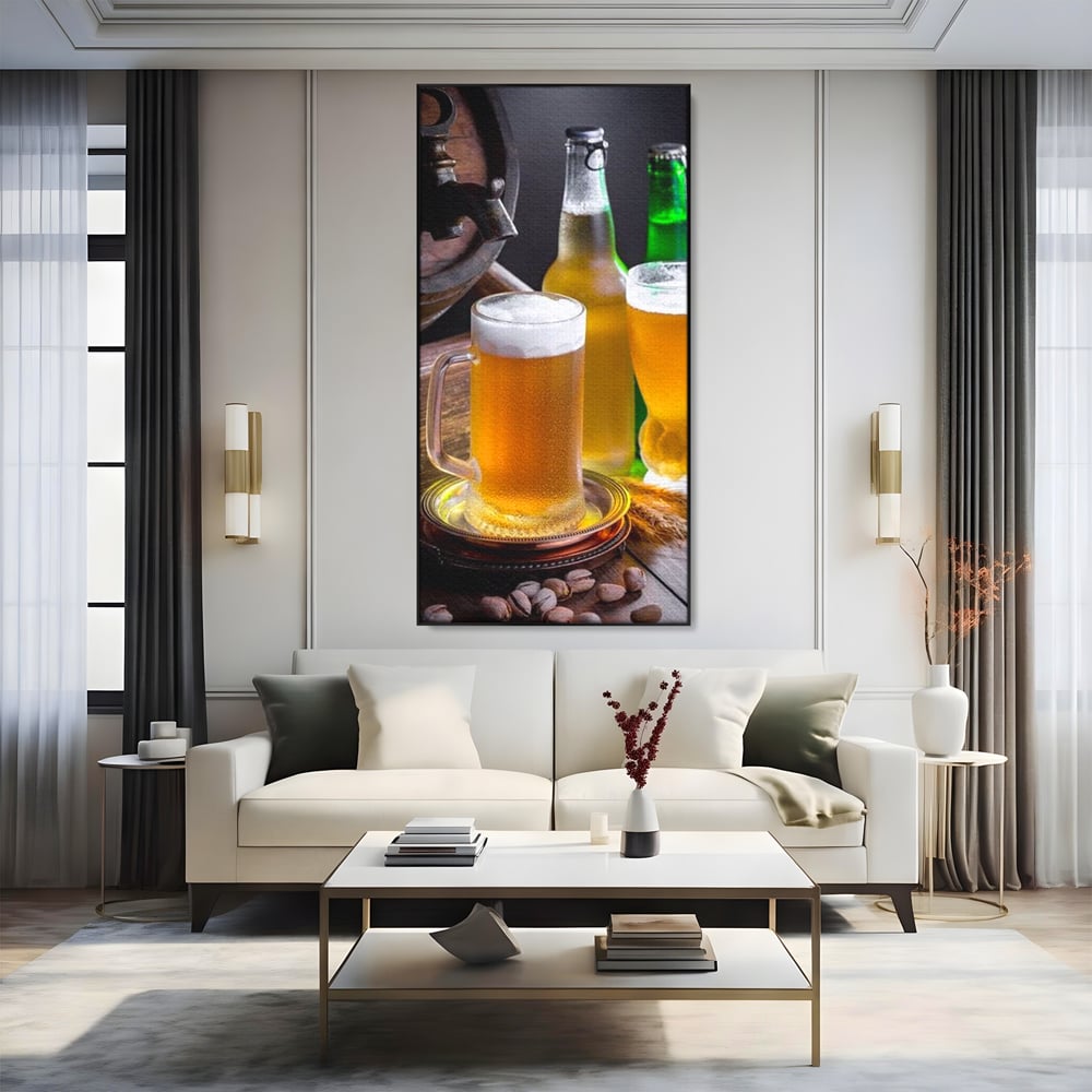 Tablou Canvas Premium, LuxCanva® N1111, Butoiul Berarului, Bere, Pahar, Halba, Sticle, Racoritor, Spuma, Butoi, Traditie, Taverna, Rustic, Bautura, Pub, Bar, Lounge, Restaurant, Bucatarie