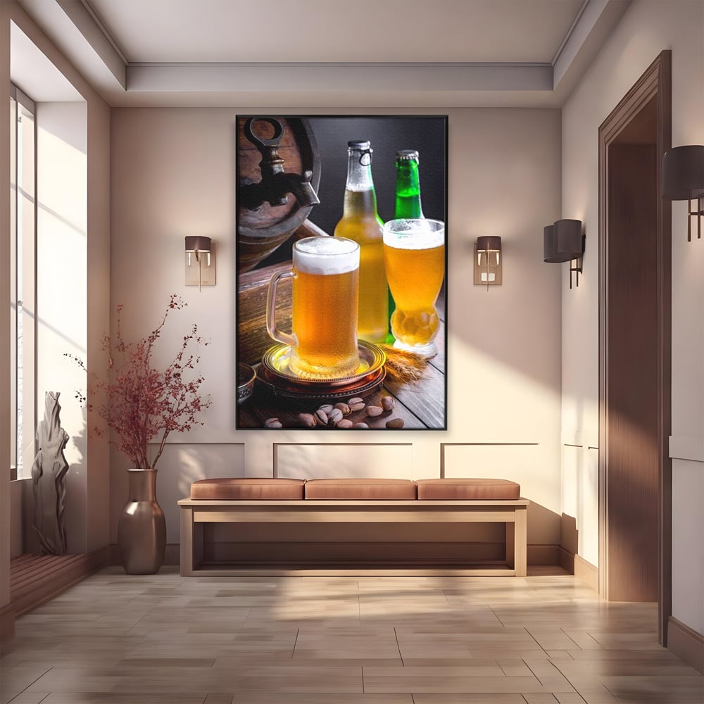 Tablou Canvas Premium, LuxCanva® N1111, Butoiul Berarului, Bere, Pahar, Halba, Sticle, Racoritor, Spuma, Butoi, Traditie, Taverna, Rustic, Bautura, Pub, Bar, Lounge, Restaurant, Bucatarie