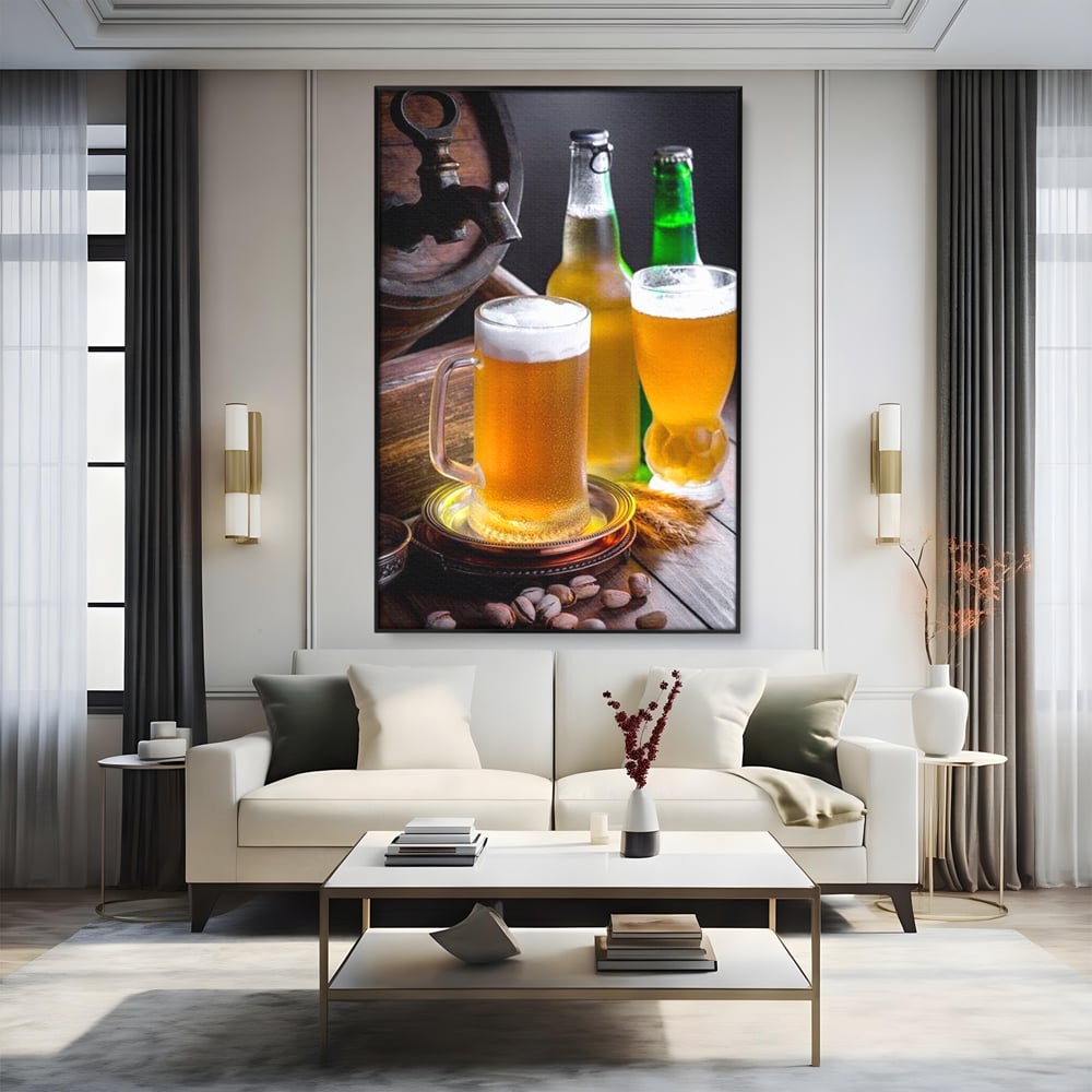 Tablou Canvas Premium, LuxCanva® N1111, Butoiul Berarului, Bere, Pahar, Halba, Sticle, Racoritor, Spuma, Butoi, Traditie, Taverna, Rustic, Bautura, Pub, Bar, Lounge, Restaurant, Bucatarie
