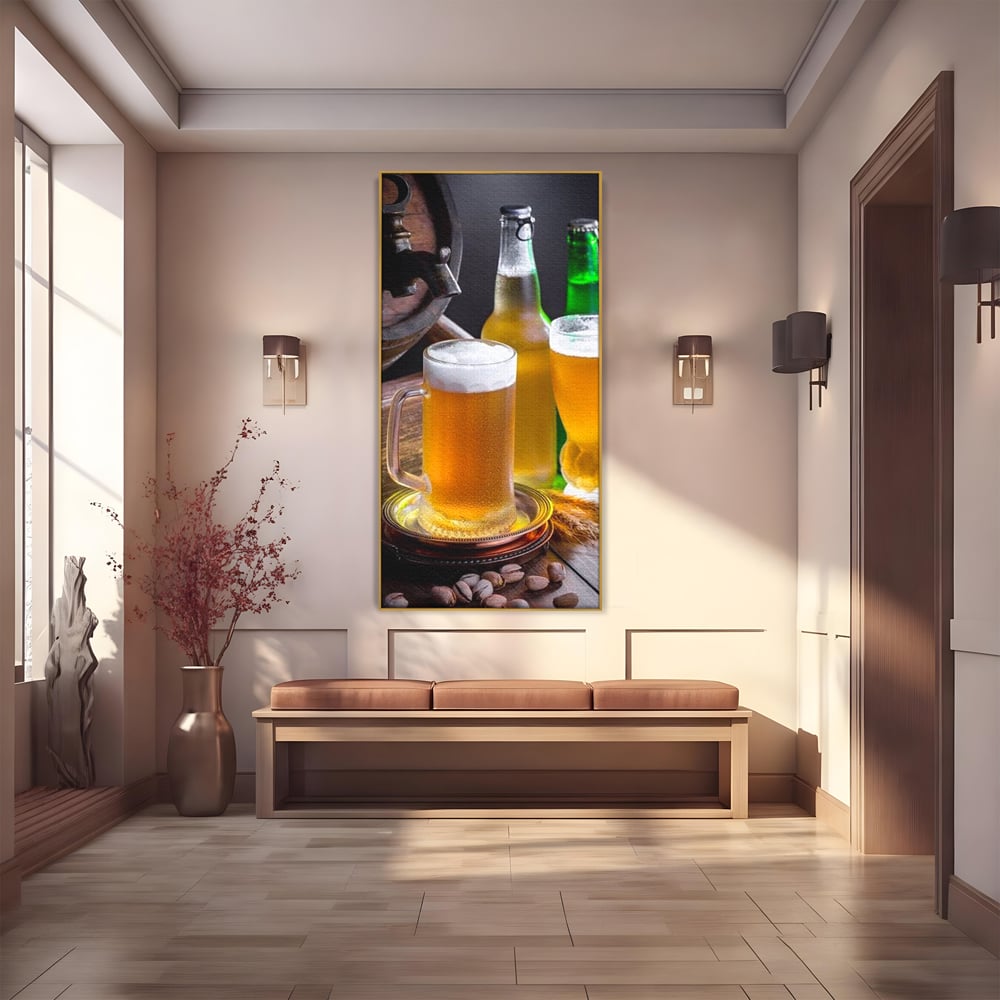 Tablou Canvas Premium, LuxCanva® N1111, Butoiul Berarului, Bere, Pahar, Halba, Sticle, Racoritor, Spuma, Butoi, Traditie, Taverna, Rustic, Bautura, Pub, Bar, Lounge, Restaurant, Bucatarie