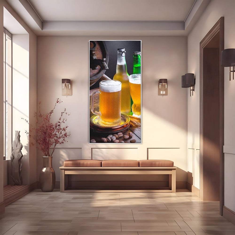 Tablou Canvas Premium, LuxCanva® N1111, Butoiul Berarului, Bere, Pahar, Halba, Sticle, Racoritor, Spuma, Butoi, Traditie, Taverna, Rustic, Bautura, Pub, Bar, Lounge, Restaurant, Bucatarie