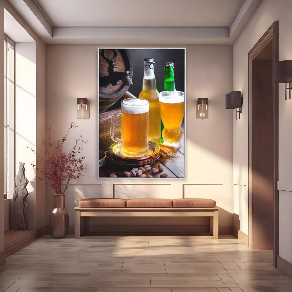 Tablou Canvas Premium, LuxCanva® N1111, Butoiul Berarului, Bere, Pahar, Halba, Sticle, Racoritor, Spuma, Butoi, Traditie, Taverna, Rustic, Bautura, Pub, Bar, Lounge, Restaurant, Bucatarie