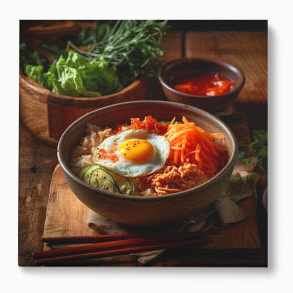 Leinwand Premium Leinwandbild, LuxCanva® N1112, Orientalische Köstlichkeiten, Lebensmittel, Rezept, Asiatisch, Koreanisch, Reis, Gemüse, Exotisch, Köstlich, Zutaten, Gastronomie, Restaurant, Küche