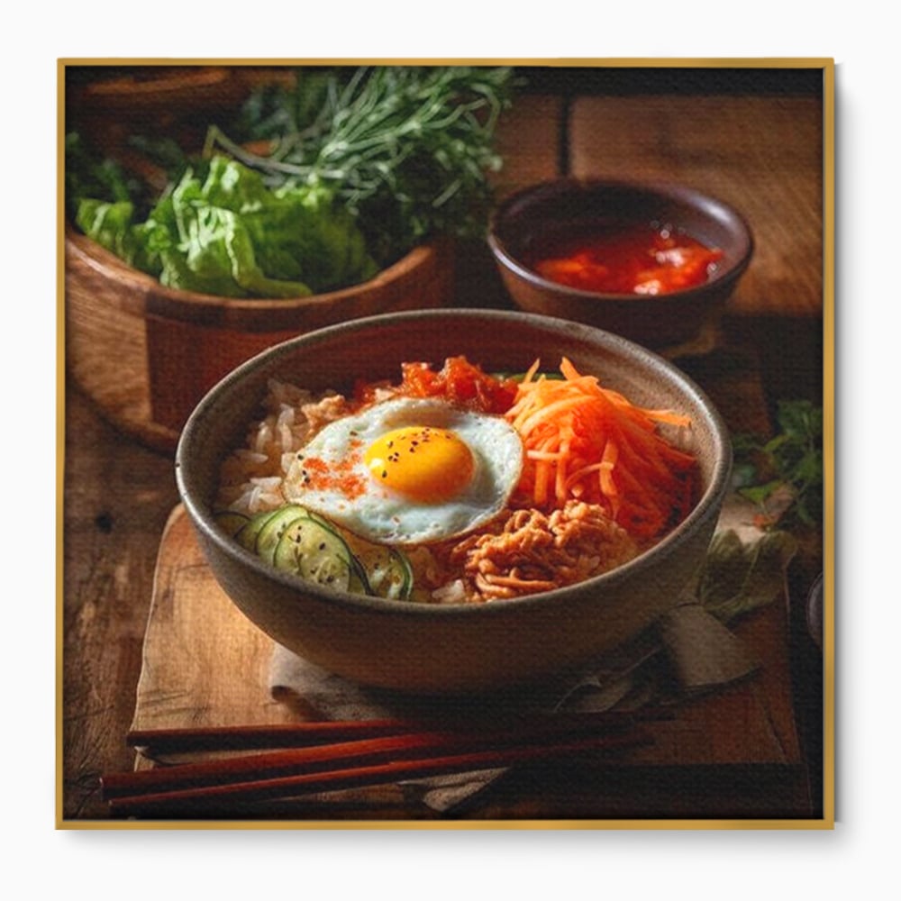 Leinwand Premium Leinwandbild, LuxCanva® N1112, Orientalische Köstlichkeiten, Lebensmittel, Rezept, Asiatisch, Koreanisch, Reis, Gemüse, Exotisch, Köstlich, Zutaten, Gastronomie, Restaurant, Küche