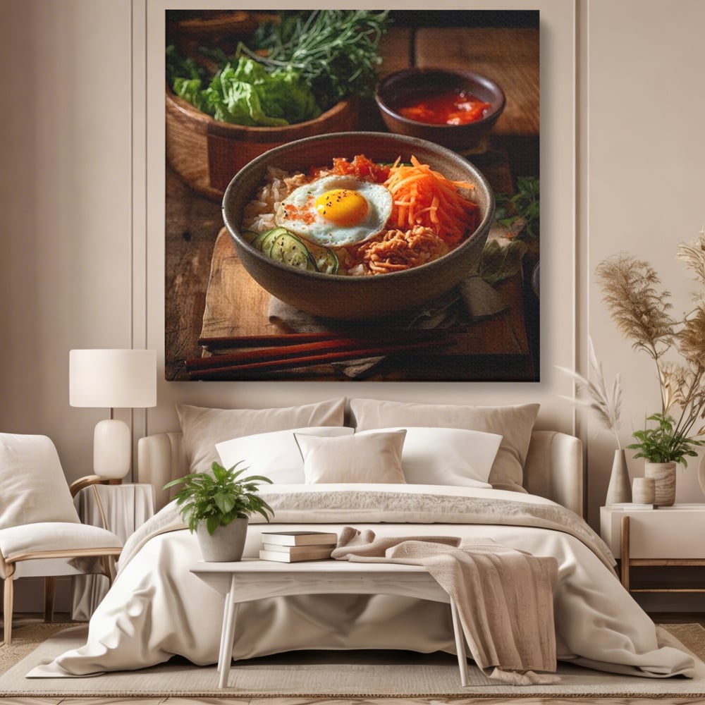 Leinwand Premium Leinwandbild, LuxCanva® N1112, Orientalische Köstlichkeiten, Lebensmittel, Rezept, Asiatisch, Koreanisch, Reis, Gemüse, Exotisch, Köstlich, Zutaten, Gastronomie, Restaurant, Küche