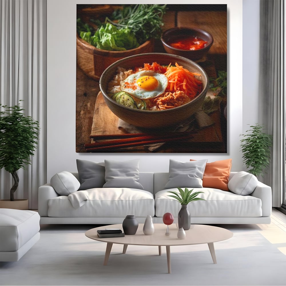Leinwand Premium Leinwandbild, LuxCanva® N1112, Orientalische Köstlichkeiten, Lebensmittel, Rezept, Asiatisch, Koreanisch, Reis, Gemüse, Exotisch, Köstlich, Zutaten, Gastronomie, Restaurant, Küche