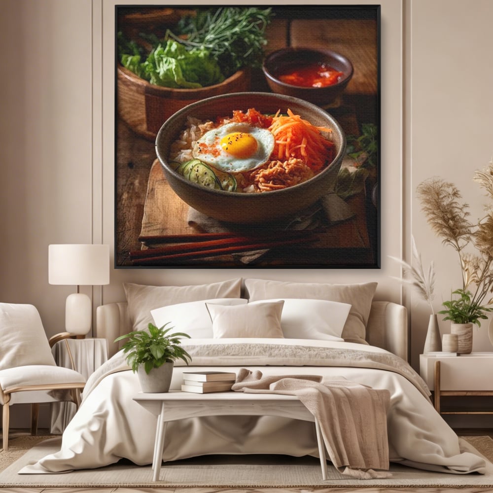Leinwand Premium Leinwandbild, LuxCanva® N1112, Orientalische Köstlichkeiten, Lebensmittel, Rezept, Asiatisch, Koreanisch, Reis, Gemüse, Exotisch, Köstlich, Zutaten, Gastronomie, Restaurant, Küche