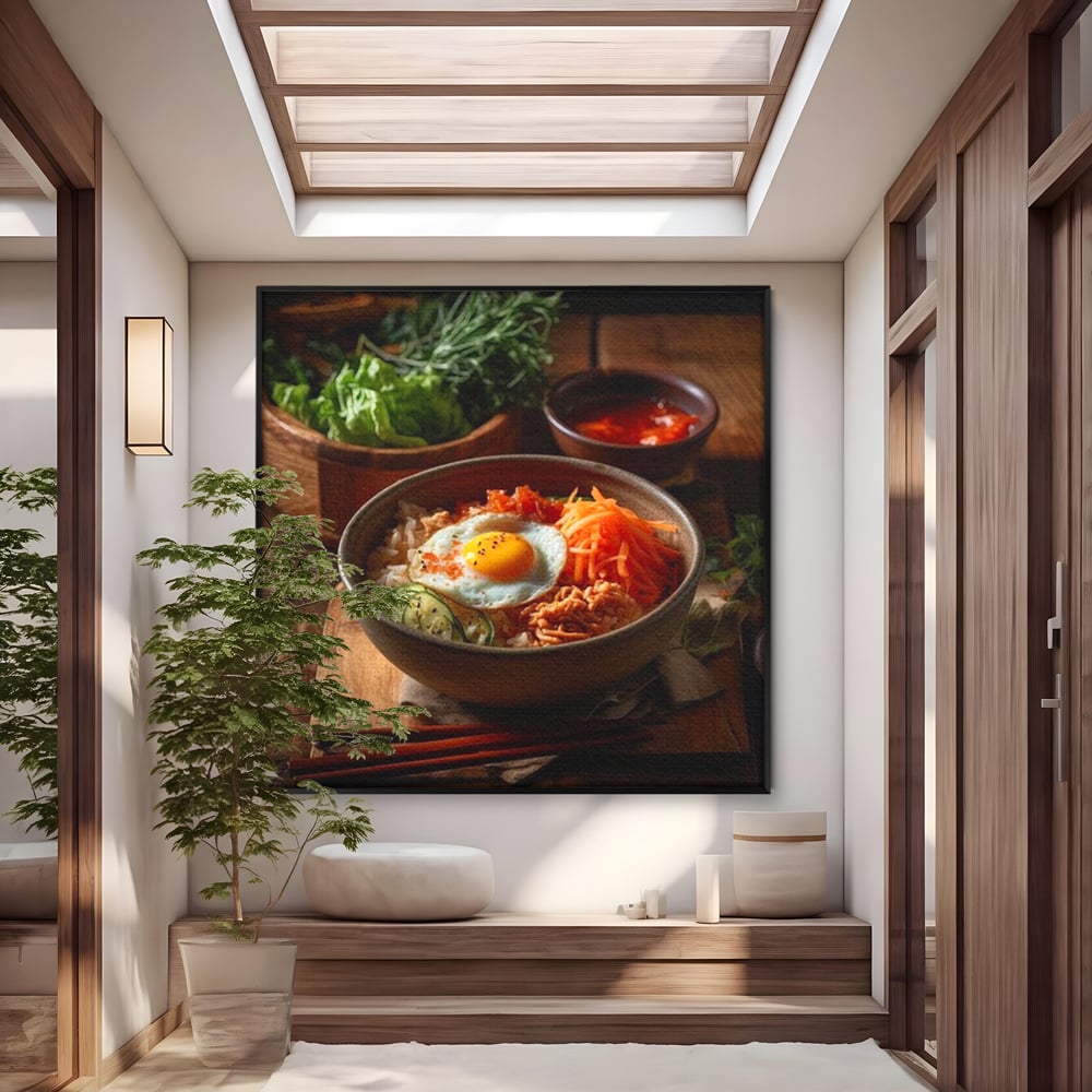 Leinwand Premium Leinwandbild, LuxCanva® N1112, Orientalische Köstlichkeiten, Lebensmittel, Rezept, Asiatisch, Koreanisch, Reis, Gemüse, Exotisch, Köstlich, Zutaten, Gastronomie, Restaurant, Küche