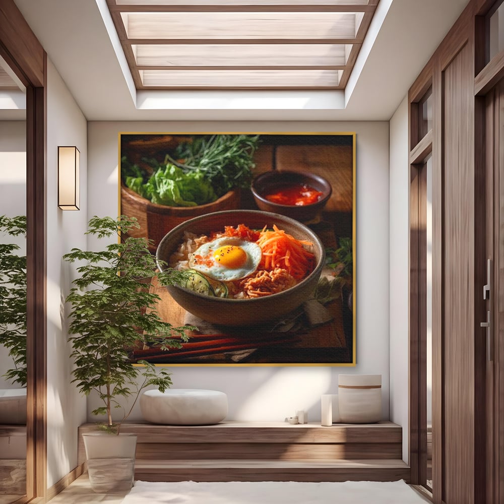 Leinwand Premium Leinwandbild, LuxCanva® N1112, Orientalische Köstlichkeiten, Lebensmittel, Rezept, Asiatisch, Koreanisch, Reis, Gemüse, Exotisch, Köstlich, Zutaten, Gastronomie, Restaurant, Küche