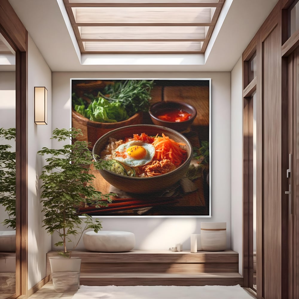 Leinwand Premium Leinwandbild, LuxCanva® N1112, Orientalische Köstlichkeiten, Lebensmittel, Rezept, Asiatisch, Koreanisch, Reis, Gemüse, Exotisch, Köstlich, Zutaten, Gastronomie, Restaurant, Küche