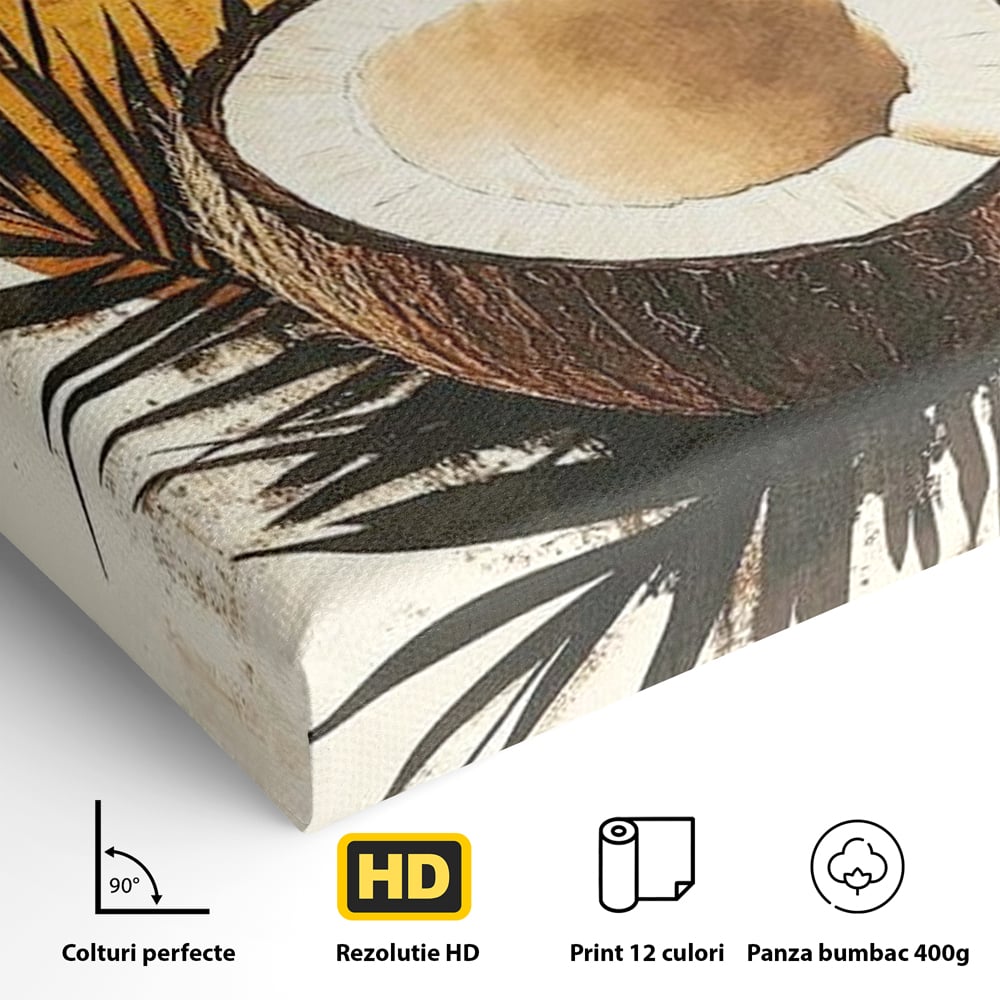 Tablou Canvas Premium, LuxCanva® N1114, Esenta de Cocos, Exotic, Tropical, Vacanta, Soare, Insula, Cocos, Fruct, Palmier, Frunze, Dulce, Pub, Lounge, Bar, Restaurant, Bucatarie