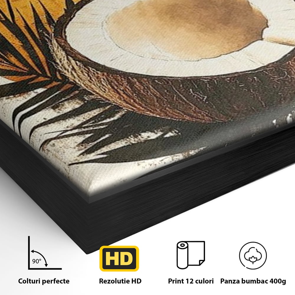 Tablou Canvas Premium, LuxCanva® N1114, Esenta de Cocos, Exotic, Tropical, Vacanta, Soare, Insula, Cocos, Fruct, Palmier, Frunze, Dulce, Pub, Lounge, Bar, Restaurant, Bucatarie