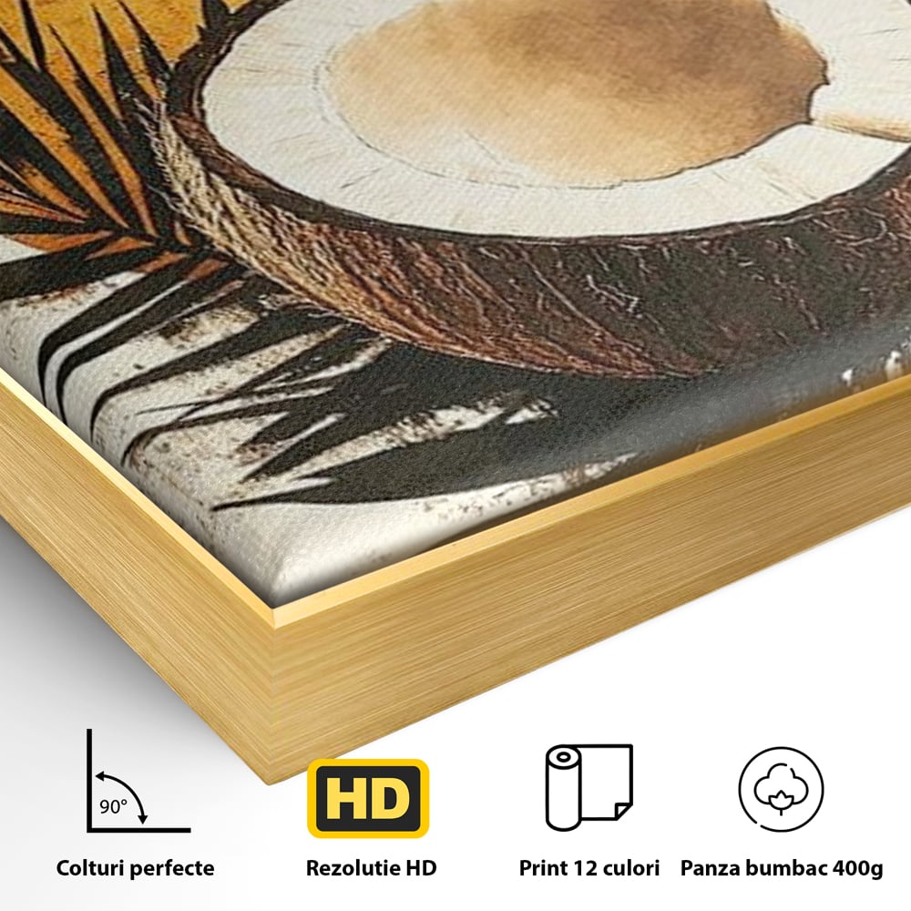 Tablou Canvas Premium, LuxCanva® N1114, Esenta de Cocos, Exotic, Tropical, Vacanta, Soare, Insula, Cocos, Fruct, Palmier, Frunze, Dulce, Pub, Lounge, Bar, Restaurant, Bucatarie