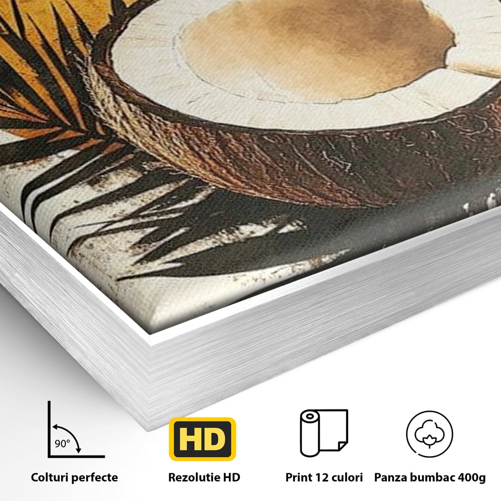 Tablou Canvas Premium, LuxCanva® N1114, Esenta de Cocos, Exotic, Tropical, Vacanta, Soare, Insula, Cocos, Fruct, Palmier, Frunze, Dulce, Pub, Lounge, Bar, Restaurant, Bucatarie