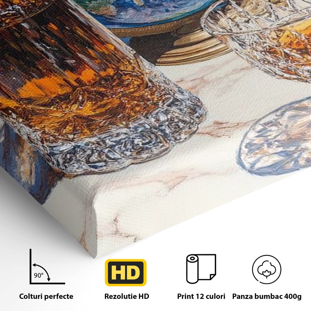Tablou Canvas Premium, LuxCanva® N1117, Globul Bauturilor Fine, Whisky, Sticla, Pahar, Cristal, Rafinament, Glob, Calatorie, Lume, Pub, Lounge, Bar, Restaurant, Bucatarie