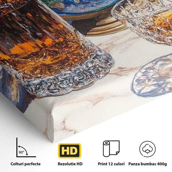 Tablou Canvas Premium, LuxCanva® N1117, Globul Bauturilor Fine, Whisky, Sticla, Pahar, Cristal, Rafinament, Glob, Calatorie, Lume, Pub, Lounge, Bar, Restaurant, Bucatarie