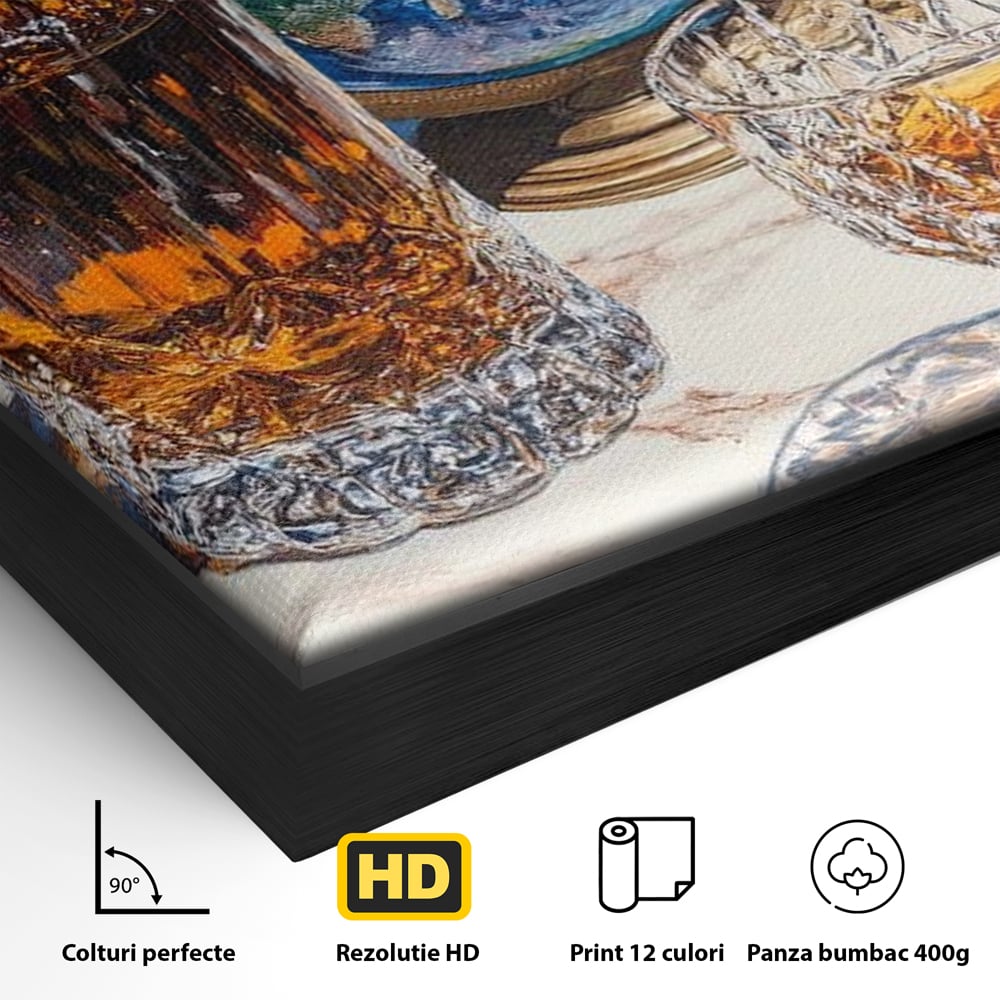 Tablou Canvas Premium, LuxCanva® N1117, Globul Bauturilor Fine, Whisky, Sticla, Pahar, Cristal, Rafinament, Glob, Calatorie, Lume, Pub, Lounge, Bar, Restaurant, Bucatarie