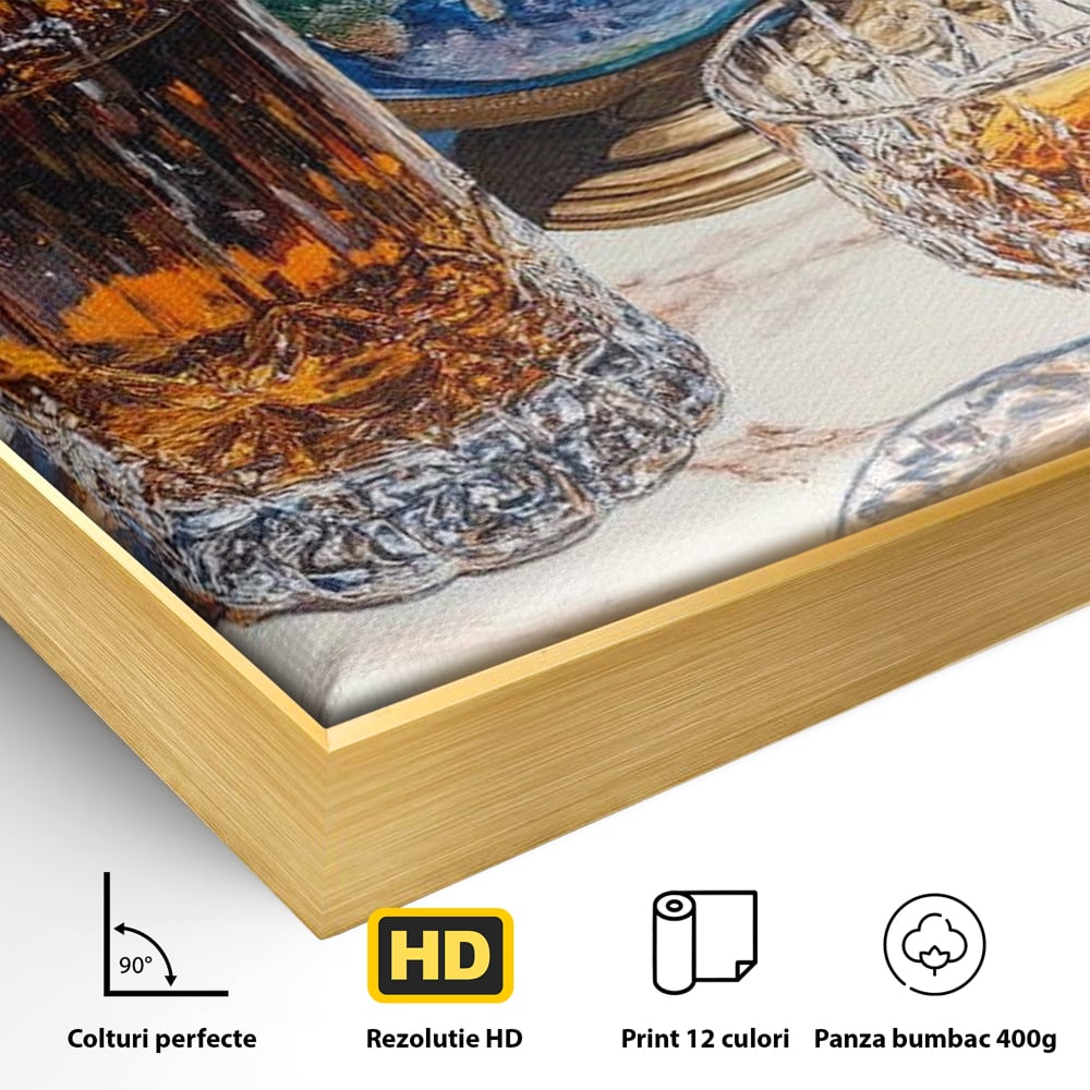 Tablou Canvas Premium, LuxCanva® N1117, Globul Bauturilor Fine, Whisky, Sticla, Pahar, Cristal, Rafinament, Glob, Calatorie, Lume, Pub, Lounge, Bar, Restaurant, Bucatarie
