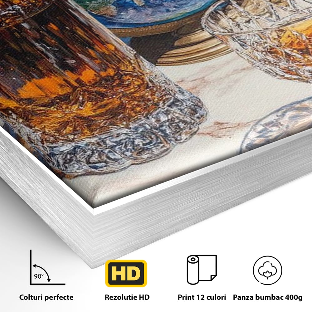 Tablou Canvas Premium, LuxCanva® N1117, Globul Bauturilor Fine, Whisky, Sticla, Pahar, Cristal, Rafinament, Glob, Calatorie, Lume, Pub, Lounge, Bar, Restaurant, Bucatarie