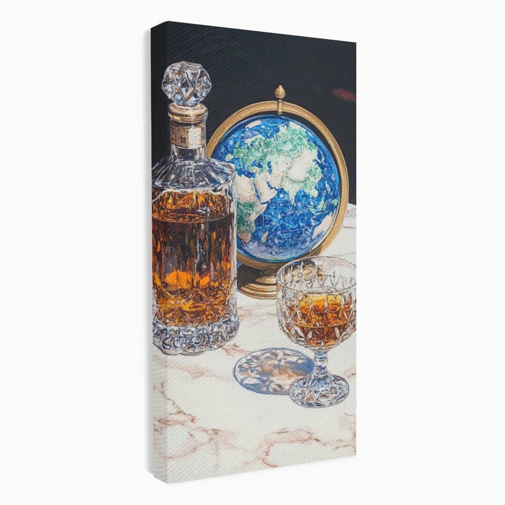 Tablou Canvas Premium, LuxCanva® N1117, Globul Bauturilor Fine, Whisky, Sticla, Pahar, Cristal, Rafinament, Glob, Calatorie, Lume, Pub, Lounge, Bar, Restaurant, Bucatarie