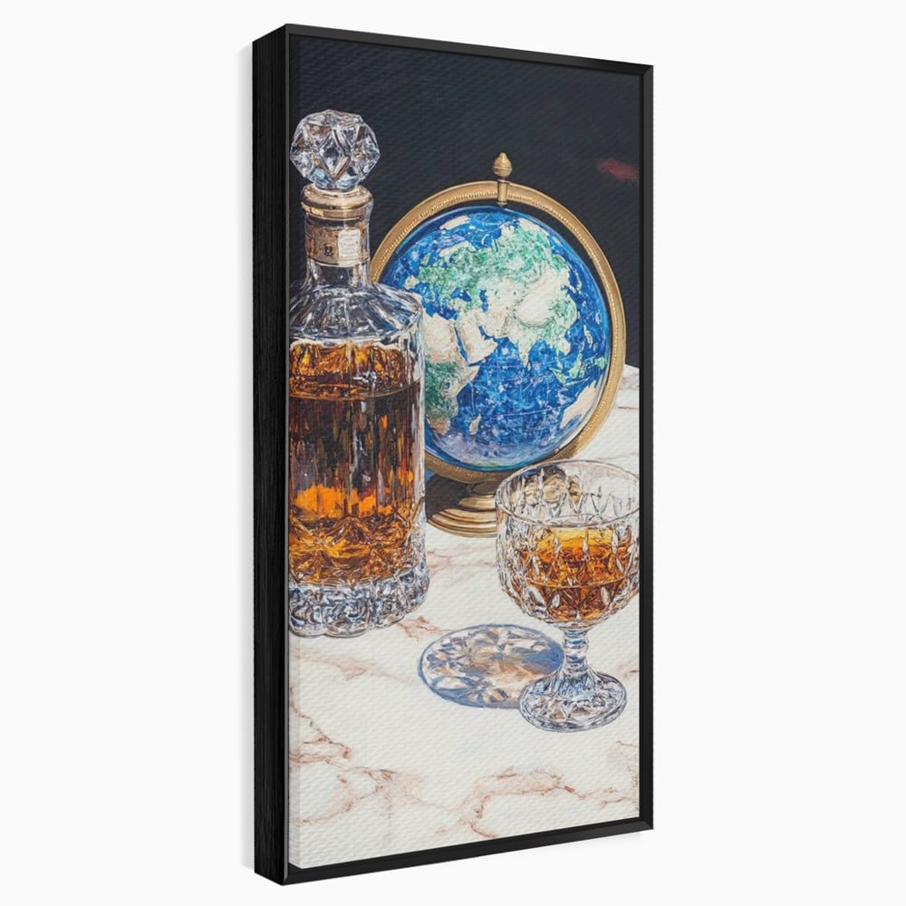 Tablou Canvas Premium, LuxCanva® N1117, Globul Bauturilor Fine, Whisky, Sticla, Pahar, Cristal, Rafinament, Glob, Calatorie, Lume, Pub, Lounge, Bar, Restaurant, Bucatarie