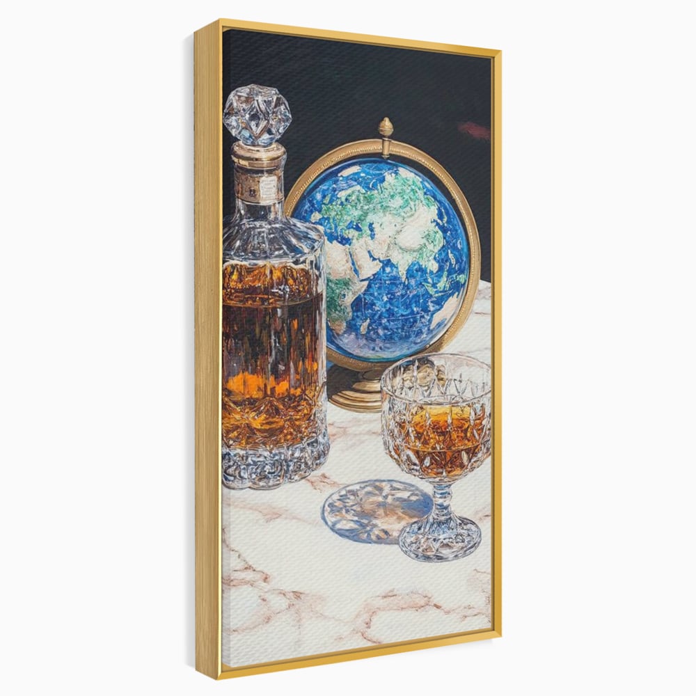 Tablou Canvas Premium, LuxCanva® N1117, Globul Bauturilor Fine, Whisky, Sticla, Pahar, Cristal, Rafinament, Glob, Calatorie, Lume, Pub, Lounge, Bar, Restaurant, Bucatarie