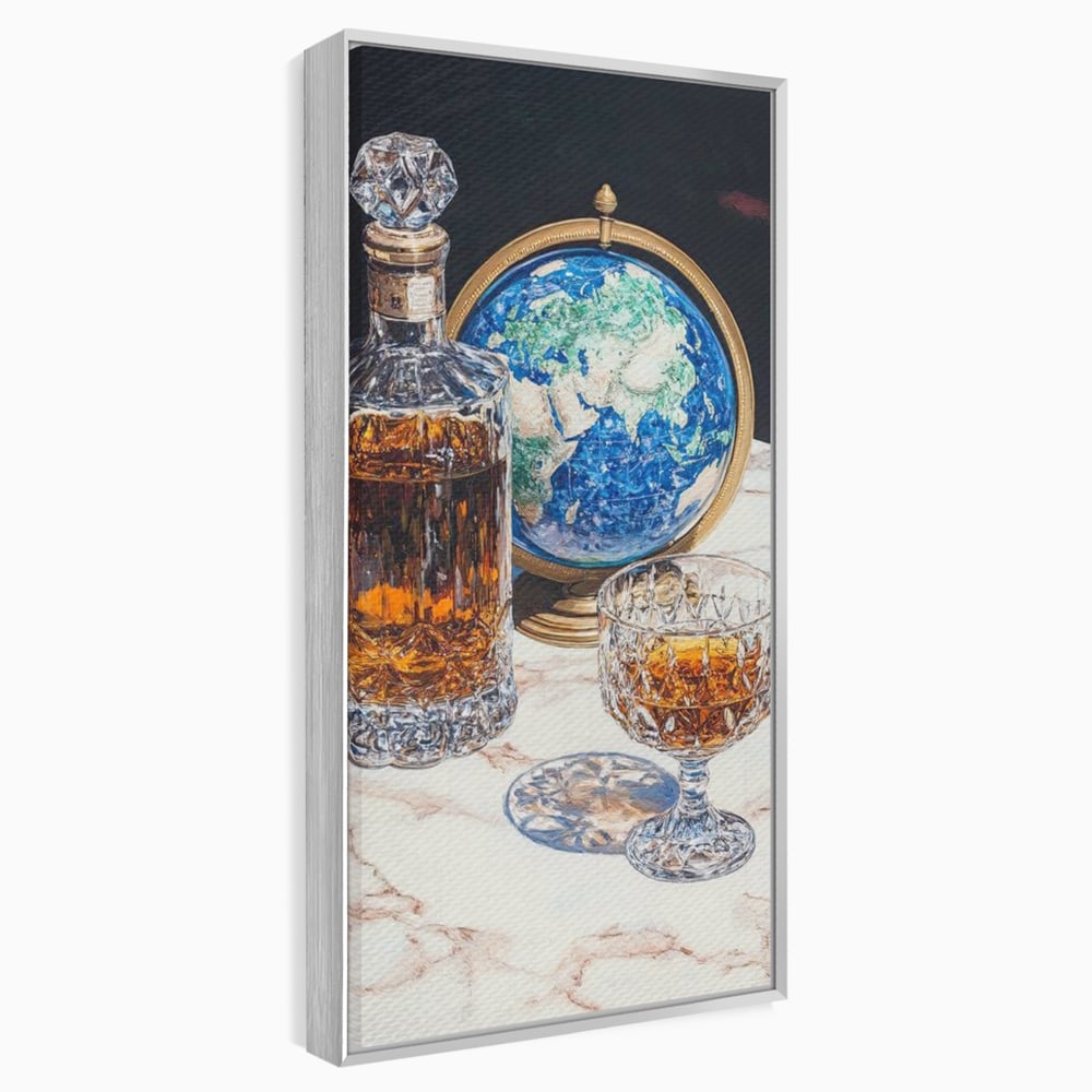 Tablou Canvas Premium, LuxCanva® N1117, Globul Bauturilor Fine, Whisky, Sticla, Pahar, Cristal, Rafinament, Glob, Calatorie, Lume, Pub, Lounge, Bar, Restaurant, Bucatarie