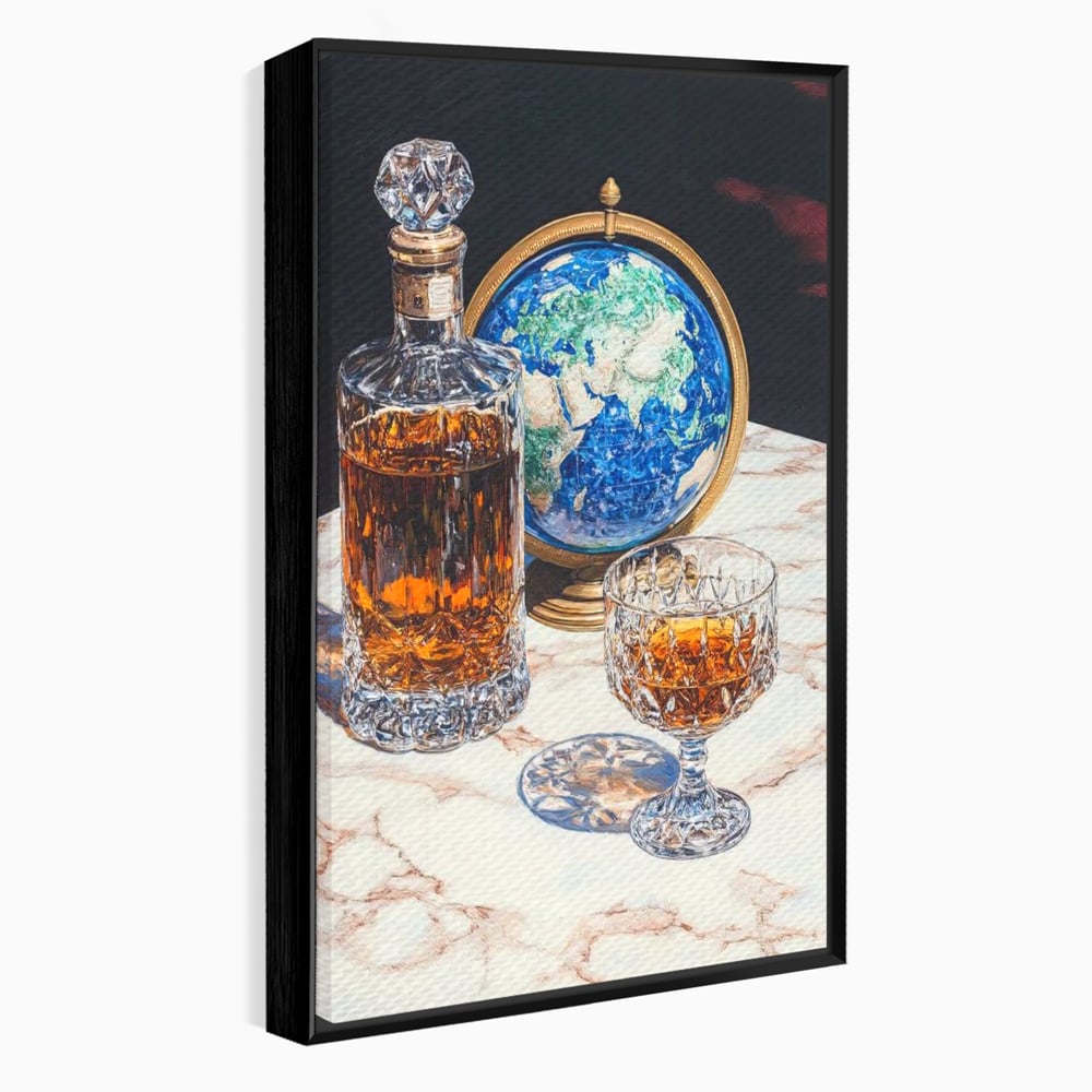 Tablou Canvas Premium, LuxCanva® N1117, Globul Bauturilor Fine, Whisky, Sticla, Pahar, Cristal, Rafinament, Glob, Calatorie, Lume, Pub, Lounge, Bar, Restaurant, Bucatarie