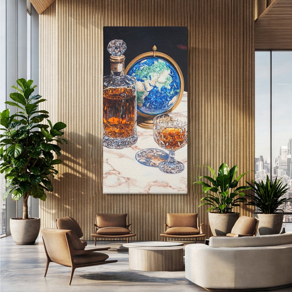 Tablou Canvas Premium, LuxCanva® N1117, Globul Bauturilor Fine, Whisky, Sticla, Pahar, Cristal, Rafinament, Glob, Calatorie, Lume, Pub, Lounge, Bar, Restaurant, Bucatarie