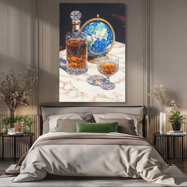 Tablou Canvas Premium, LuxCanva® N1117, Globul Bauturilor Fine, Whisky, Sticla, Pahar, Cristal, Rafinament, Glob, Calatorie, Lume, Pub, Lounge, Bar, Restaurant, Bucatarie