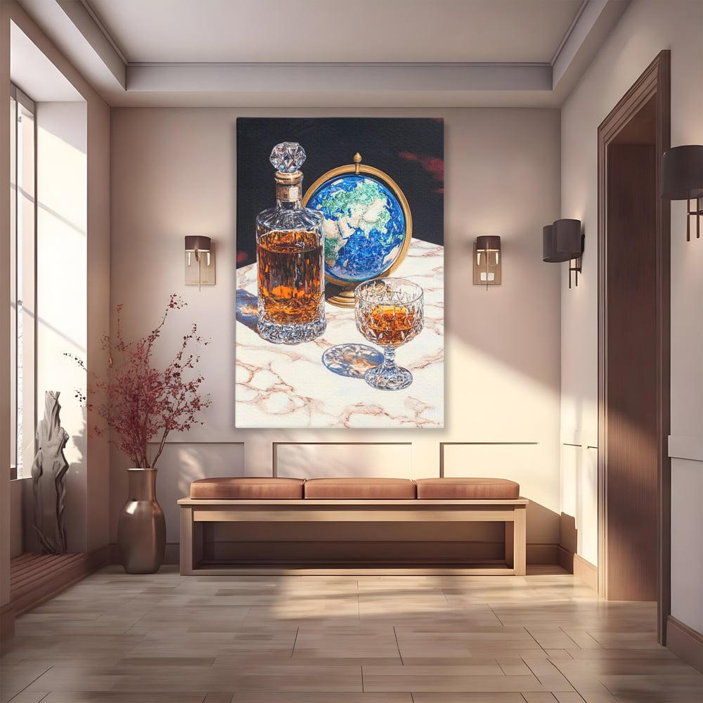 Tablou Canvas Premium, LuxCanva® N1117, Globul Bauturilor Fine, Whisky, Sticla, Pahar, Cristal, Rafinament, Glob, Calatorie, Lume, Pub, Lounge, Bar, Restaurant, Bucatarie