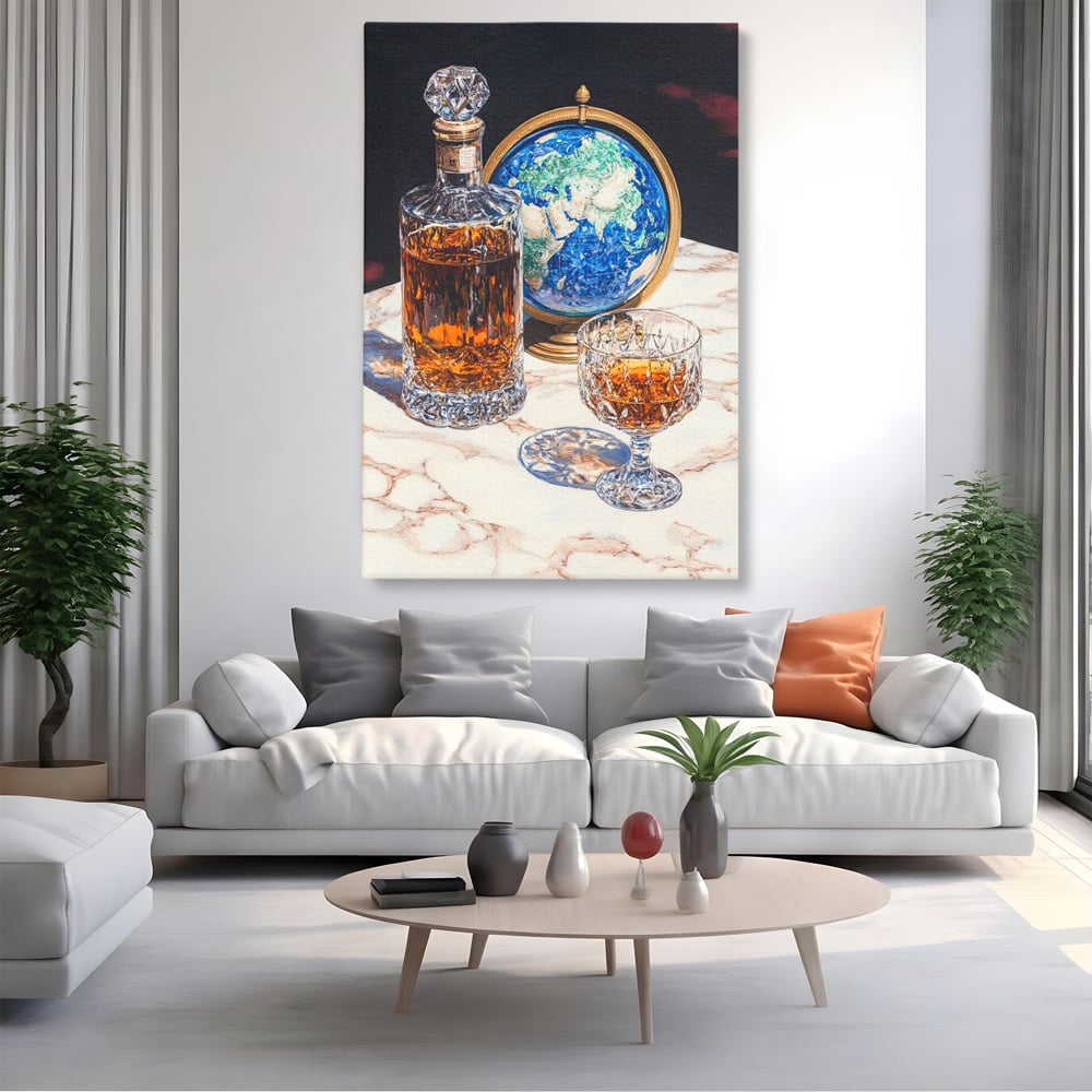 Tablou Canvas Premium, LuxCanva® N1117, Globul Bauturilor Fine, Whisky, Sticla, Pahar, Cristal, Rafinament, Glob, Calatorie, Lume, Pub, Lounge, Bar, Restaurant, Bucatarie